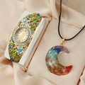 Gold vintage enamel floral watch set with crescent moon colorful gravel pendant - Crushed Stone Moon Pendant Set (Blue)