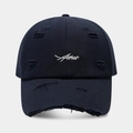 Navy blue distressed cotton baseball cap with vintage white cursive letter embroidery - Navy Blue