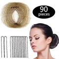 Hair styling set detail with 90 pieces mesh hair nets and black U-shaped hairpins - 50 Light Coffee Nets + 40 U-Pins / Light Coffee