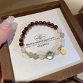 Green phantom and tiger eye stone bead bracelet with a gold Fu charm and vintage style - Style 18 (Chinese Blessing) / Green-Deep Coffee