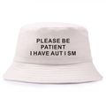 Beige bucket hat with Please Be Patient I Have Autism text print for autism awareness - Adult One Size (58cm) / Beige
