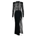 Sexy schwarzes Abendkleid mit Spitze, langen Ärmeln, hohem Schlitz und Samt-Patchwork - S / Schwarz