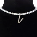 Silver choker necklace with sparkling square zircon stones and a letter V pendant - Letter V [Silver]