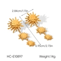 Detail view of 18k gold plated stainless steel sun pendant earrings with size markings - Golden Triple Sun Pendant Style (HC-E10897)