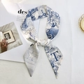 Elegant blue and white silk twilly scarf with alphabet print and starry pattern - Style T (Blue/White Starry Pastoral)