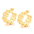 Golden C-shaped stainless steel earrings featuring a unique woven hollow pattern design - Style F Woven Mesh Geometric (KE109236-MI)