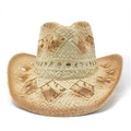 Handwoven vintage hollow straw cowboy hat with wide curved brim for sun protection - M(56-58cm) / Beige + Khaki
