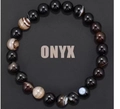Elastic beaded bracelet featuring polished black onyx and natural striped agate beads - Dark Coffee Stripe Agate