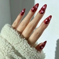 Deep red glitter almond press-on nails with pink hearts and white cross stars - No Accessories Style / X-0297 Wine Red Glitter