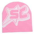 Close-up of pink knit beanie showing detailed white star jacquard and SC letter pattern - Pink White