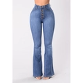 Blaue Schlagjeans mit hoher Taille und Mehrknopfleiste aus Premium-Stretchdenim - L / Hellblau