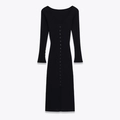 Elegant black ribbed knit midi dress with V-neck, long sleeves and button front detail - S / Black