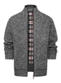 Dettaglio cardigan grigio da uomo con collo alto e fodera a quadri di qualità - Grigio chiaro
