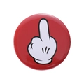 Round red cartoon brooch featuring a white glove showing middle finger gesture - Red Cartoon Hand