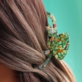 Grande molletta per capelli in acetato con motivo floreale verde e arancione - Fiori Verdi