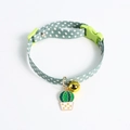 Green cat collar with white stars, lime green buckle, golden bell, and cactus pendant - S (17-32cm) / Green Dot Cactus