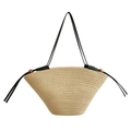 Borsa tote intrecciata beige minimalista con manici in corda nera e perle di legno - Grande / Cachi