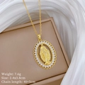 Detailed view of oval Virgin Mary pendant with cubic zirconia on gold O-chain necklace - Virgin Mary Portrait Oval Pendant Style / Gold