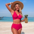Two-piece rose red bikini with halter twist top and high-waisted side drawstring bottoms - S / Dragon Fruit
