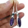 Orecchini pendenti vintage in argento con pietre preziose viola e ciano intagliate - Pietra Marquise Viola
