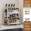Dual-layer stainless steel kitchen spice rack with knife holder and hooks for countertop - Double Layer 30cm + Knife Rack + Hooks