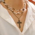 Vintage layered pearl cross necklace in antique gold finish for a retro gothic look - Vintage Antique Bronze Multi-Layer Cross Style (古青铜 2240)