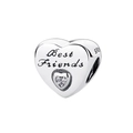 Detailed view of S925 sterling silver heart charm with Best Friends engraving and crystals - Best Friends