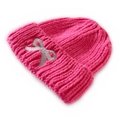 Knit beanie hat in bright pink with bow embroidery for children winter warmth - Fluorescent Rose Red