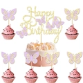 Set de adornos para tarta de mariposas moradas y doradas con letrero Happy Birthday - Adorno Grande Dorado + 6 Adornos Pequeños de Mariposa Rosa / Set de 7 Piezas (1 Grande 6 Pequeños)