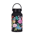 Schwarze matte 650ml Isolierflasche mit buntem Blumenmuster und praktischem Griff - Schwarz Bunte Blume