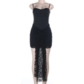 Elegant black strapless mini dress with tiered lace hem and long floral hollow tail detail - XS / Black