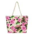 Floral canvas tote bag with pink hibiscus print and thick cotton rope handles - Off White
