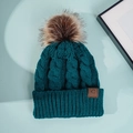 Dark green chunky cable knit beanie with faux fur pompom and leather 'C' patch - One Size / Teal