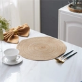 Beige round woven placemat on white marble table for heat insulation and elegant dining - 11cm / Light Coffee