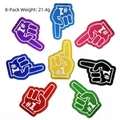 Detailed close-up of 8 colorful embroidered #1 hand gesture patches with glitter edges - Finger Patch Set (8 Pieces) / Set of 8