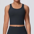 Detail of black U-neck sports bra and high-waist leggings with elastic matte fabric - S / Black