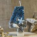 Number 4 birthday candle with blue and silver sequins, starfish and seashell ocean theme - Number 4