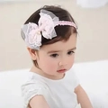 Pink baby lace headband with large bow and pearl center for newborn girl party - Bow Heart Pink