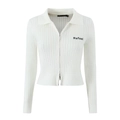 White ribbed knit polo sweater with dual zipper and black Refeel chest logo - S / White