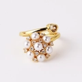 Golden flower ring featuring central white pearls and zircon heart accents on white background - Flower Cluster Artificial Pearl Heart Style (Style 6)