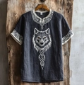 Close-up of embroidered wolf head and Celtic patterns on dark grey cotton linen t-shirt - S / Navy Blue (Wolf Head Embroidery)