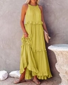 Detailed view of tiered ruffle hem on a mustard yellow maxi dress with halter neckline - S / Top And Bottom / Yellow