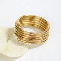 Macro view of gold multilayer spiral bangle with snake-bone texture on leather background - Gold