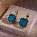 Boucles d'oreilles dorées en acier inoxydable avec zircons carrés bleu lac - Bleu