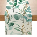 Green watercolor leaves and gold lines patterned polyester table runner on wood table - Gold Line Green Leaves Pattern (ZQ7-9)
