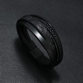 Bracciale retrò multistrato in pelle intrecciata con fibbia magnetica in metallo nero - Nero