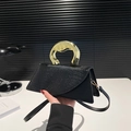 Fashionable black crocodile pattern small square bag with unique golden metal handle - Black
