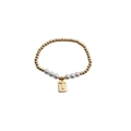 Close-up of gold beads and white pearls bracelet with a rectangular 'U' letter pendant - Letter U