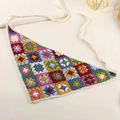Colorful granny square crochet bandana with floral patterns and cream cotton straps - Colorful Granny Square