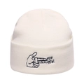White knitted beanie with Pew Pew finger gun embroidery in a cuffed street style - White Hand Pistol Embroidery / White